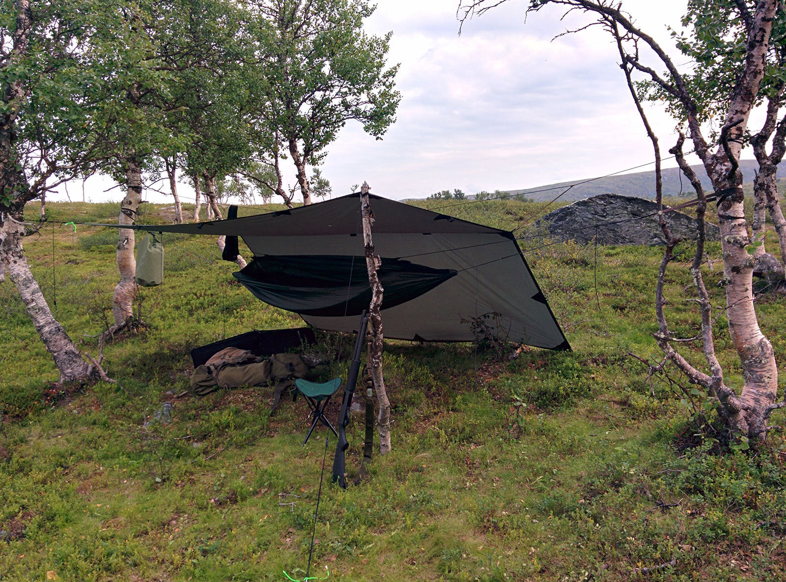 DD Hammocks Frontline Hammock; Whoopie slings; DMM Spectre carabiners; Tree Huggers.