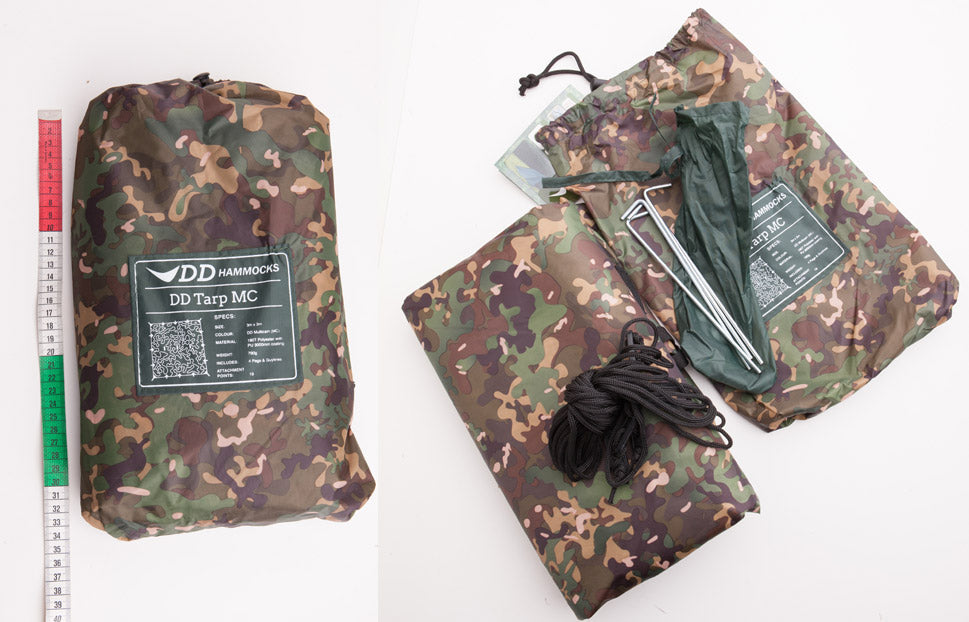 Included is the tarp; four pegs; four guy ropes; pouch for the whole set and another smaller pouch for the pegs.