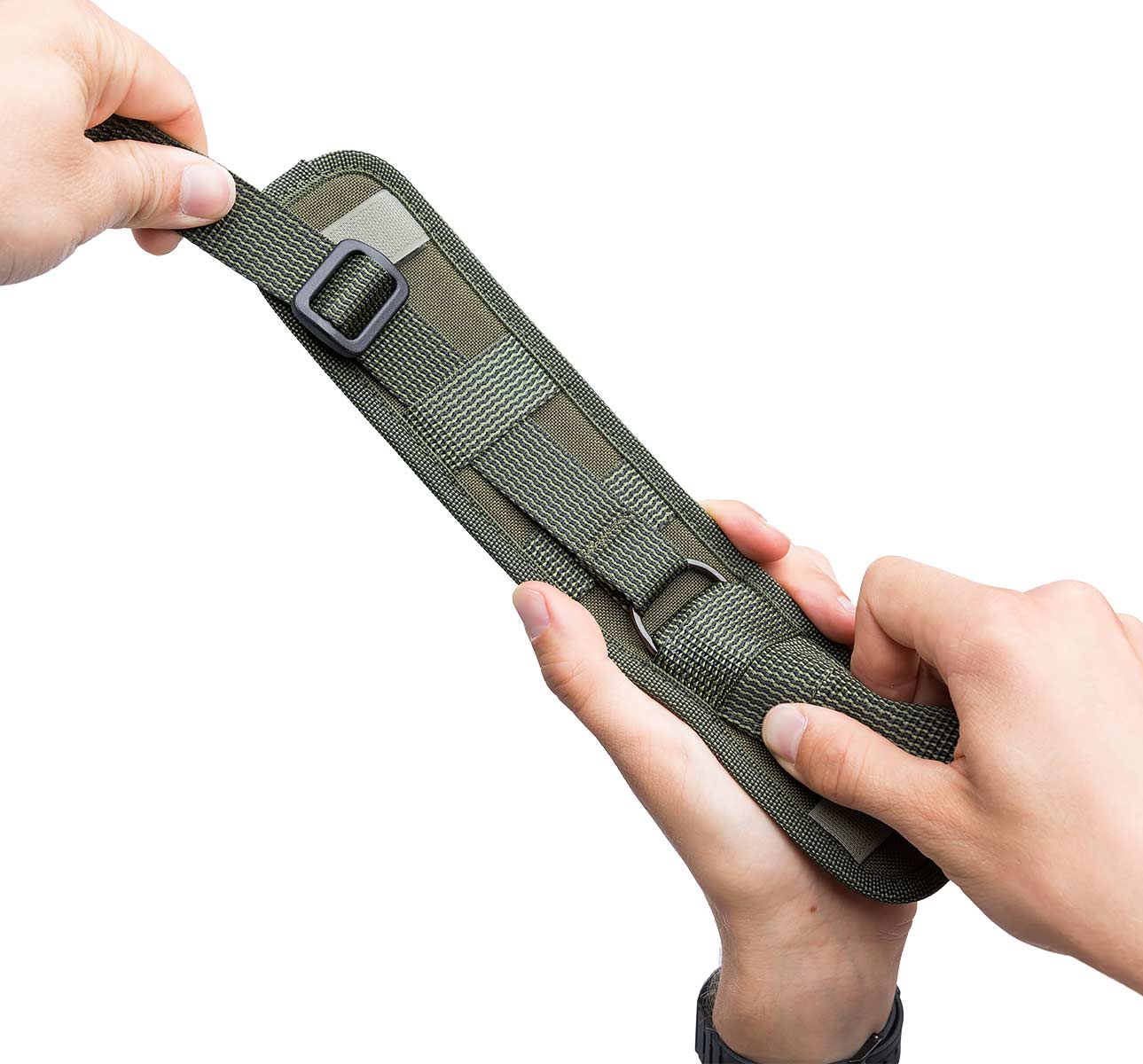 The sling fits very snugly through the Sling Pad. (Sold separately.)