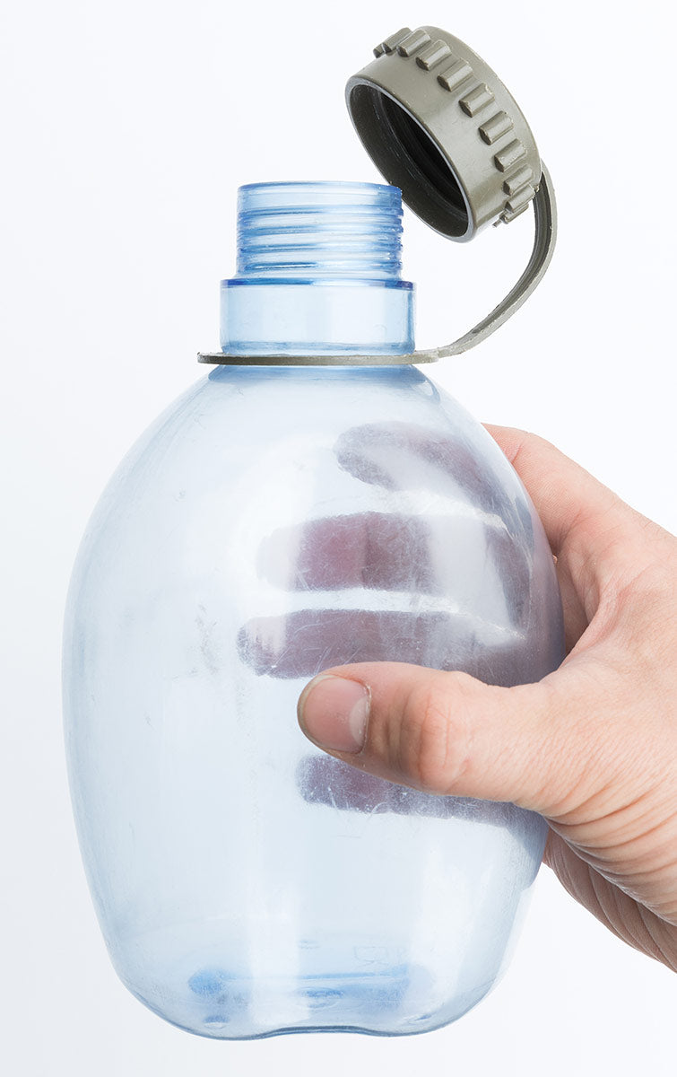 In Austria they just decided that a water bottle might as well be transparent. Why not? Volume just short of one litre. About a quart?