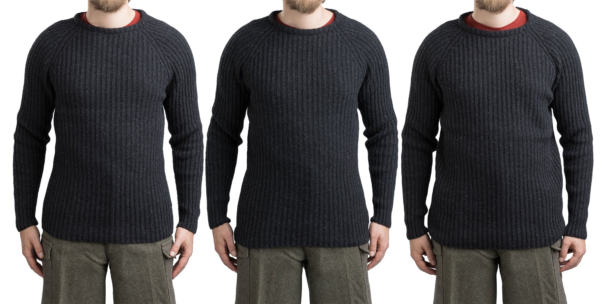 The model in the picture is 175 cm (5’9”) tall; with a 98 cm (38.6”) chest and ja 86 cm (33.9”) waist. He is wearing a size S on the left; size M on the middle and size L on the right.