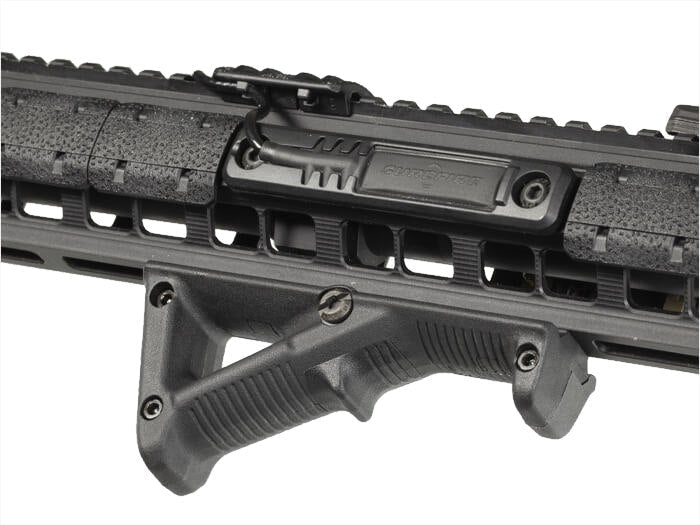 The natural habitat of this rail is mounted to an M-LOK forend with the AFG-2 mounted to it. Items other than this rail are not included.