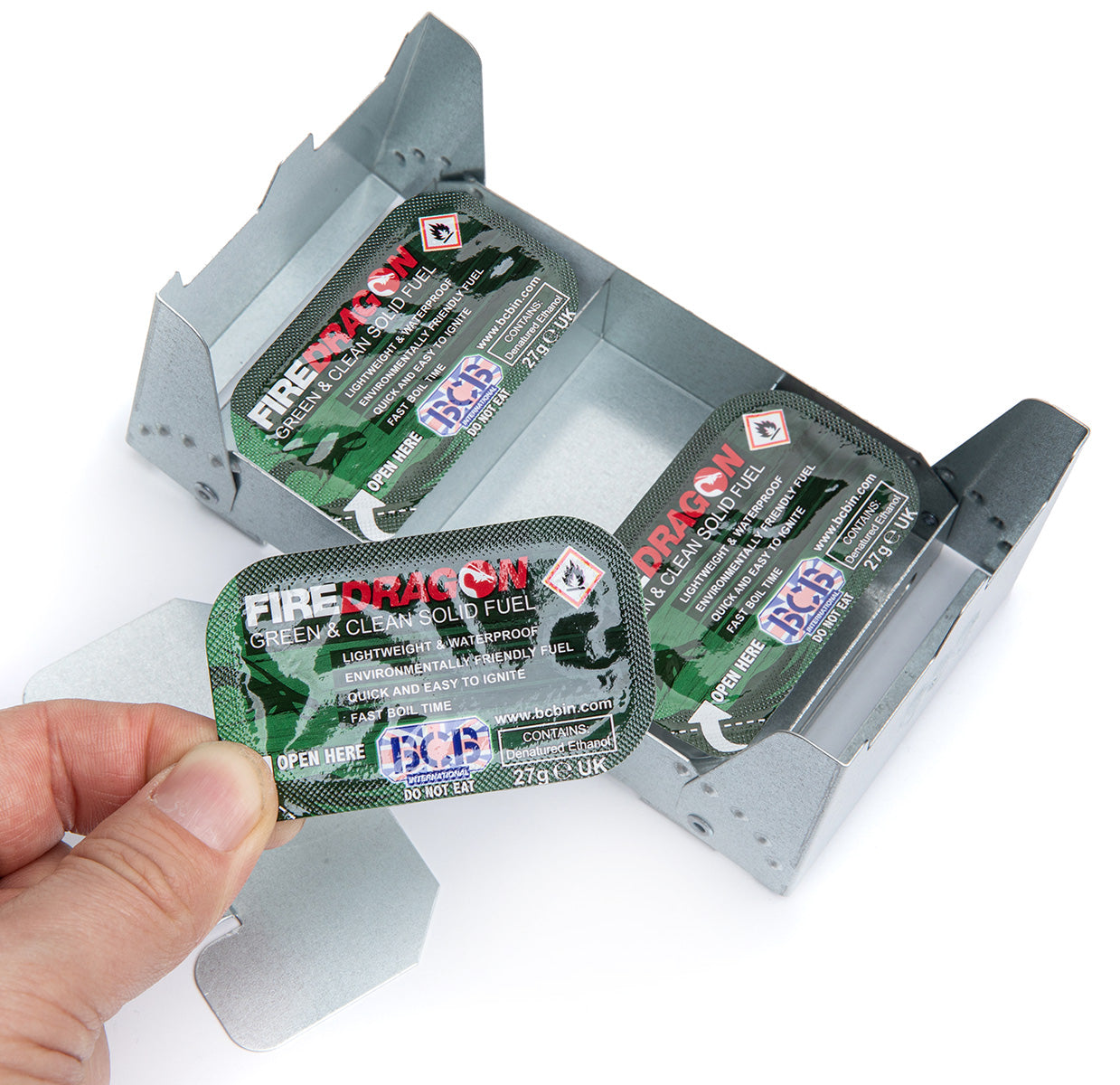 You can store some fuel tablets inside the stove to save space. You can e.g. fit 3 x FireDragon solid fuel blocks within the cooker. Fuel is NOT included.