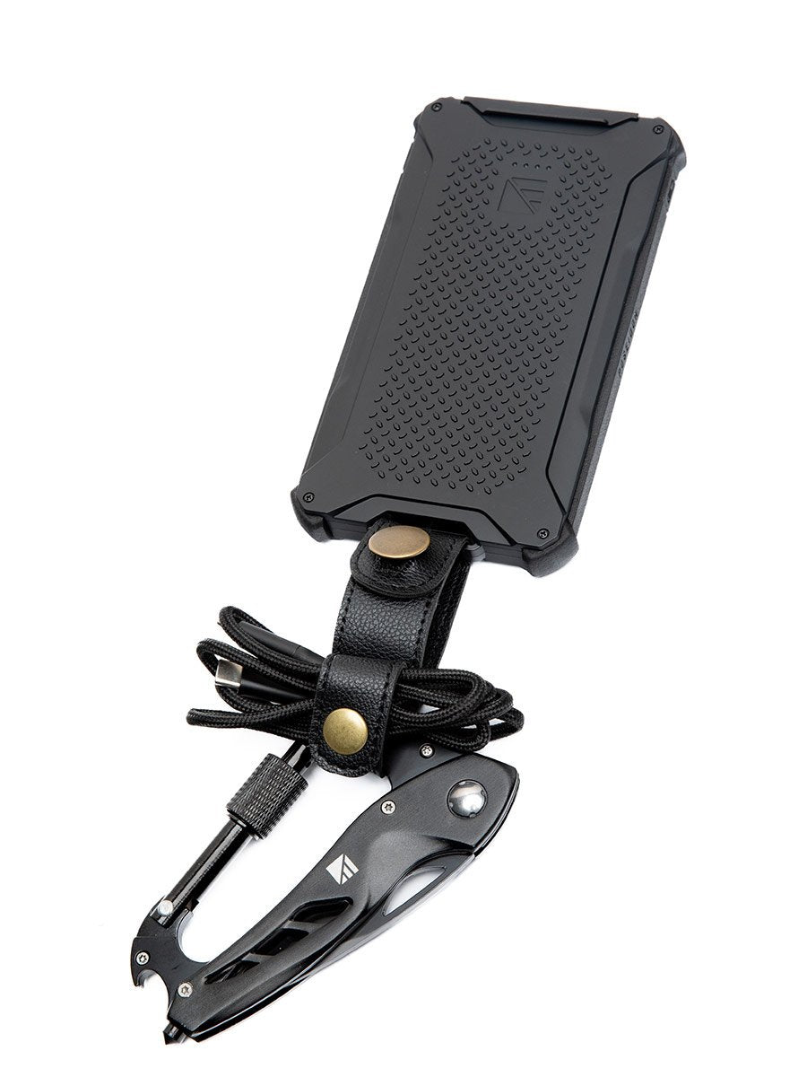 The cable-managing strap has strong snaps/buttons that keep the cable secure and close to your device.
