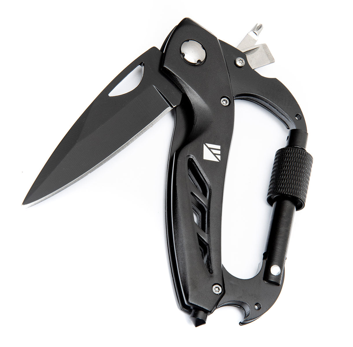 The included carabiner has been upgraded into a multi-tool that has a knife; bottle opener; glass breaker; dual-head screwdriver in addition to a locking carabiner.
