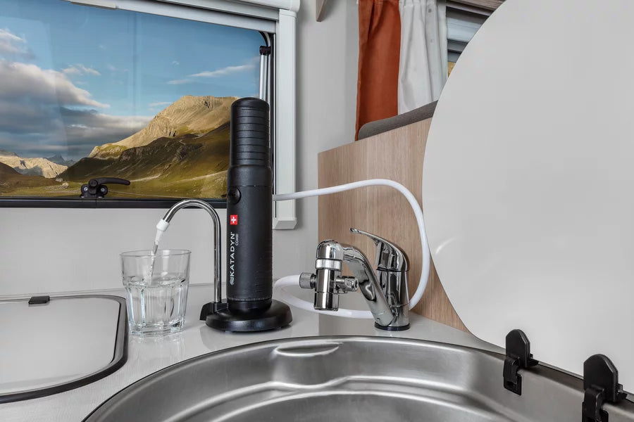 The Combi is equipped with the water tap kit that enables you to connect the filter to a tap in your kitchen; caravan; camper; or boat.