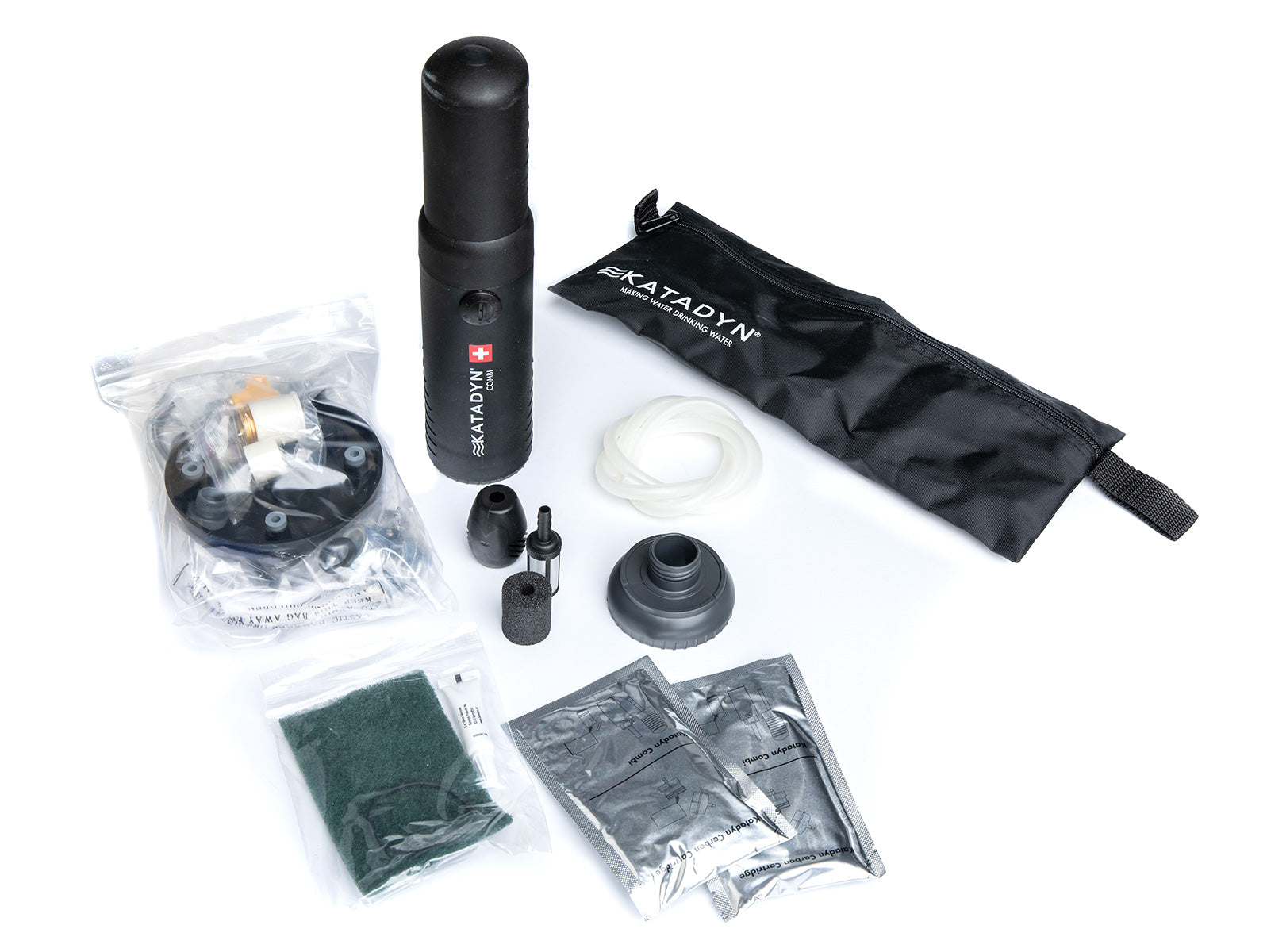 The package includes the prefilter and hoses plus a bottle adapter; carry bag; and the water tap kit.