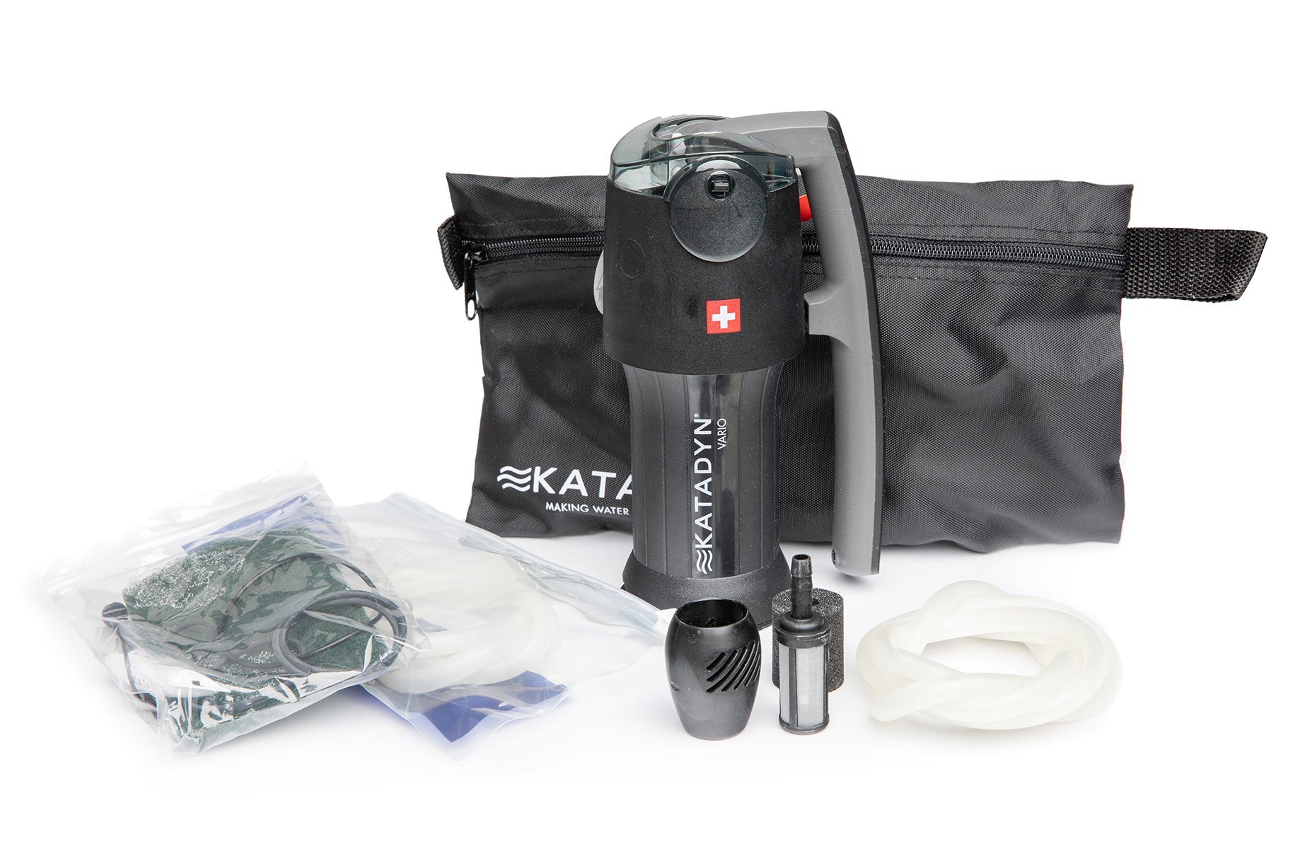 The package includes the prefilter with the replaceable carbon core and ceramic disc; water hoses; a carry bag; a cleaning pad.; and a silicone lubricant