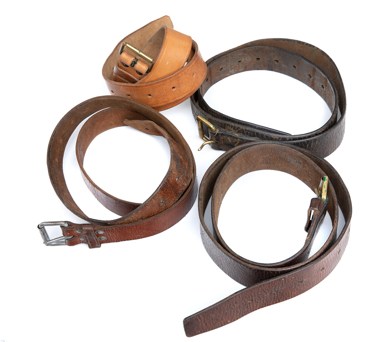The belts are used but still perfectly serviceable. The color; width; and thickness can vary to some extent.