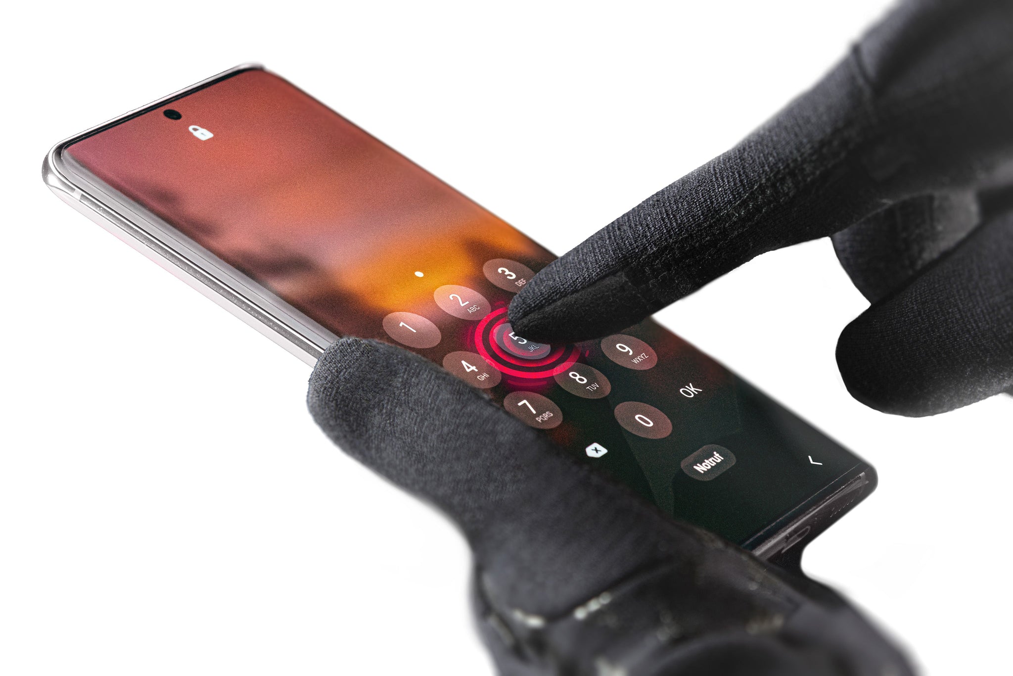 Conductive textile on thumb; index; and middle fingers to handle touch screens.