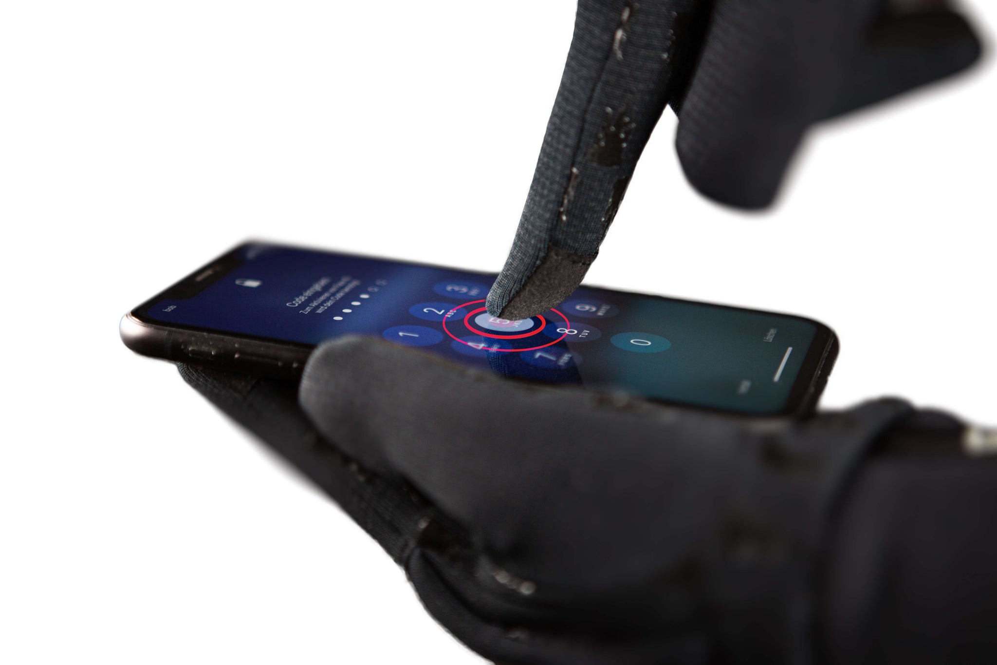 Conductive textile on thumb; index; and middle fingers to handle touch screens.
