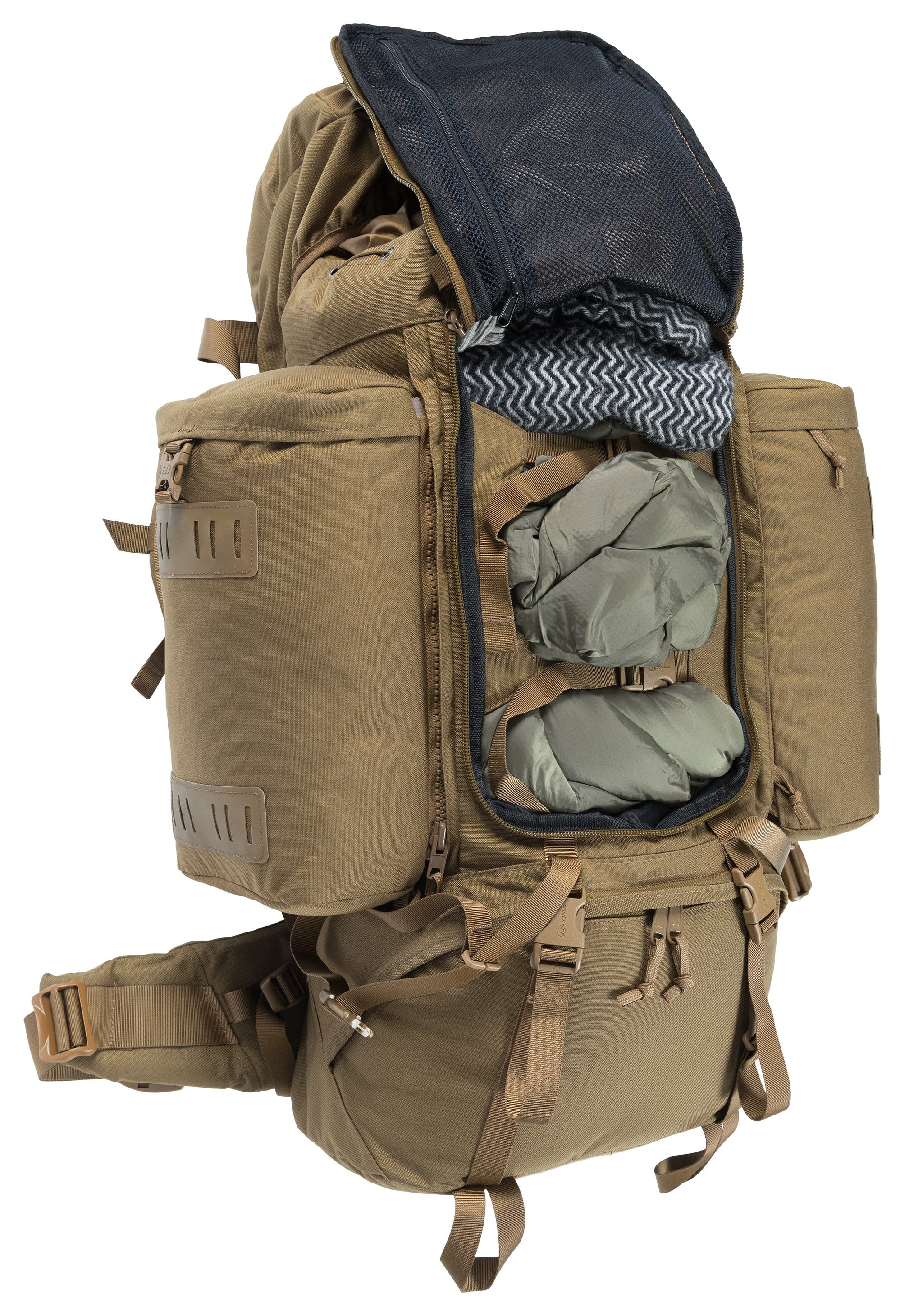 The straps inside keep the gear inside from pulling on the zippers. Underneath the flap; there is a mesh pocket.