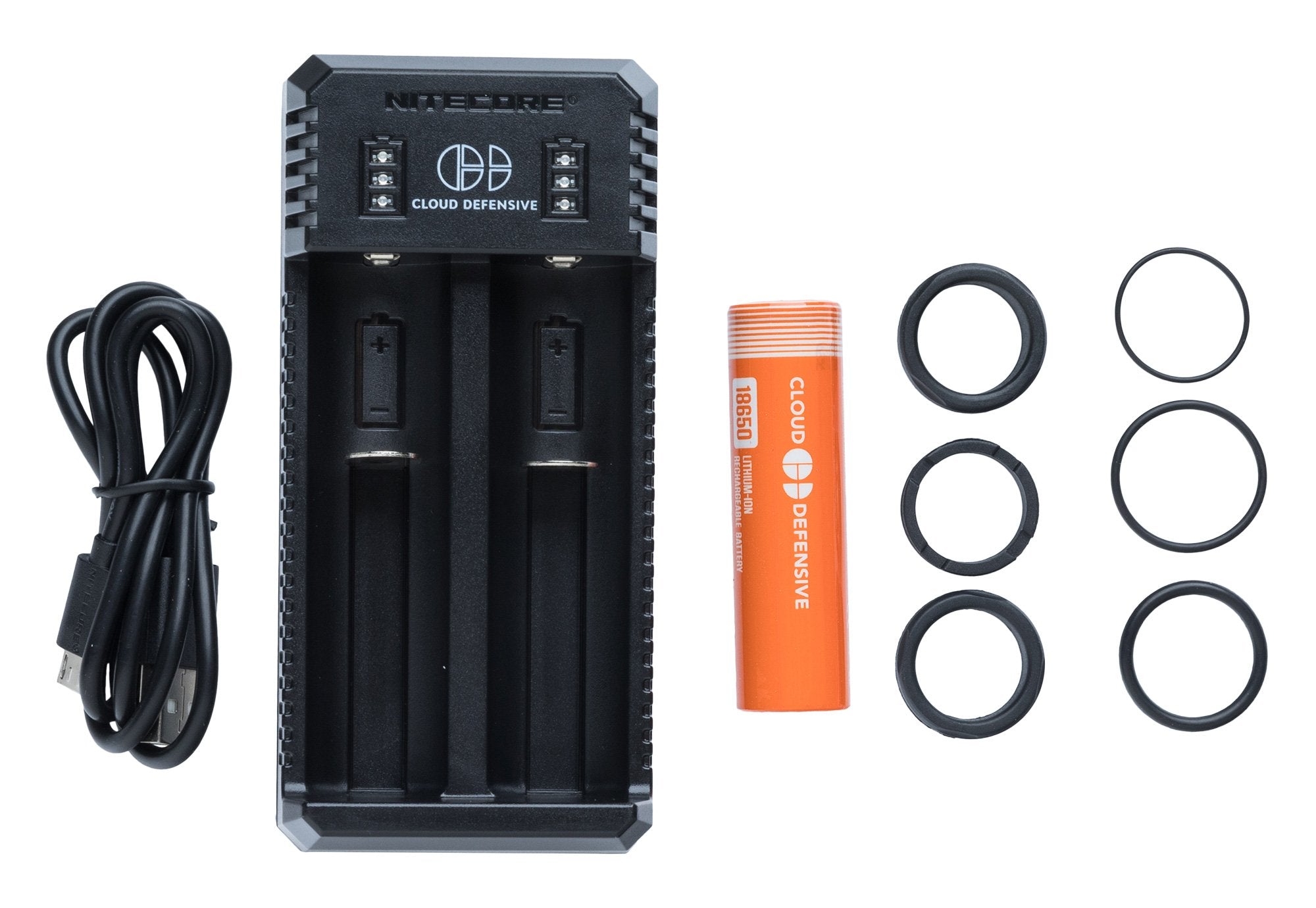 A charger; battery; O-rings; and ND-protection rings included.