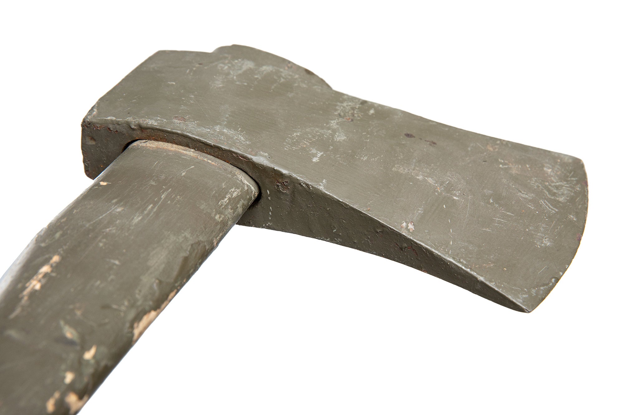 A close up of the green Dutch military axe head from below