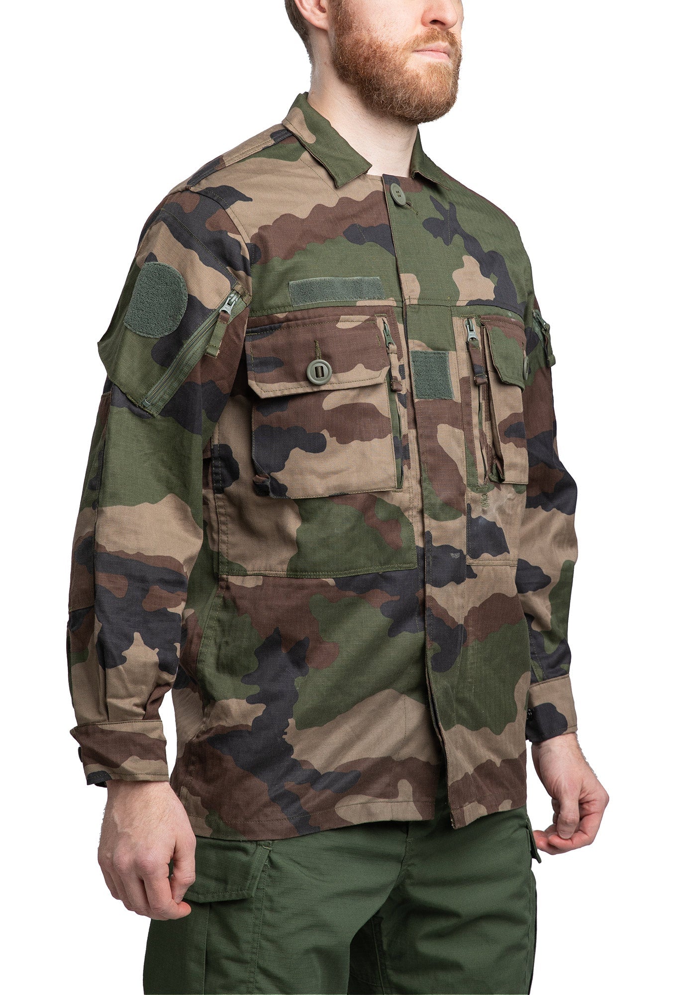 Camo-colored French FELIN combat jacket diagonally from the front