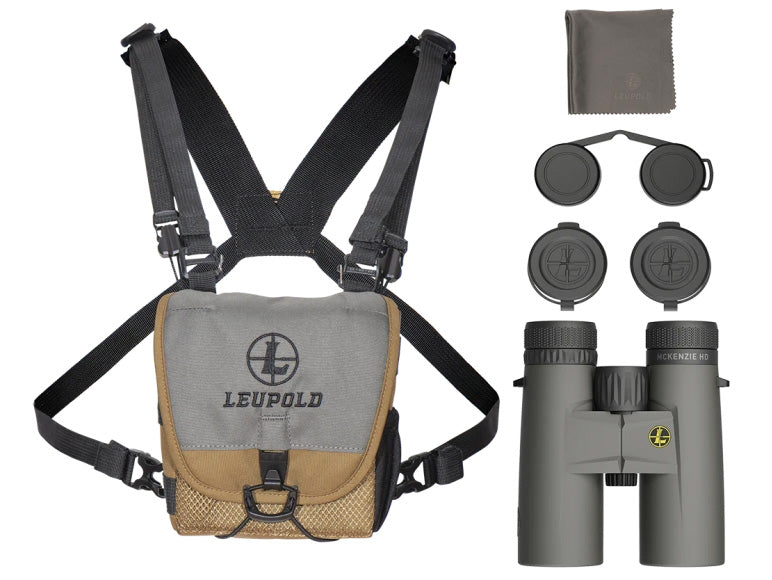 Included in the box: Leupold; BX-1 McKenzie HD 8x42 binoculars; GO Afield™ Binocular harness with a carry case; lens covers; and a lens cloth.