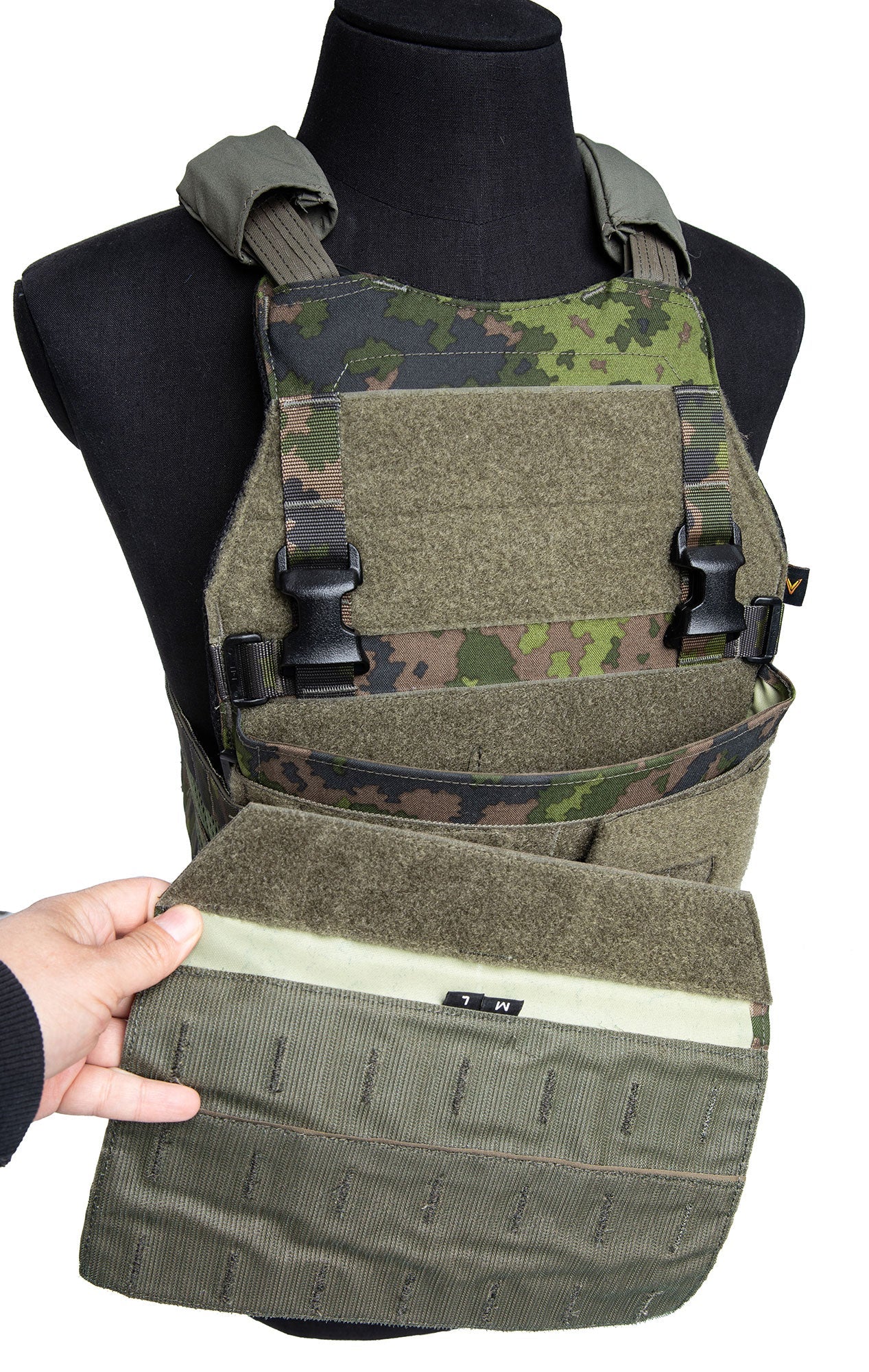 Front flap detached; kangaroo pouch opened.