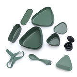 This eight-piece largely bioplastic set includes plates; containers; a drinking cup; a spork; and a cutting board/sieve.