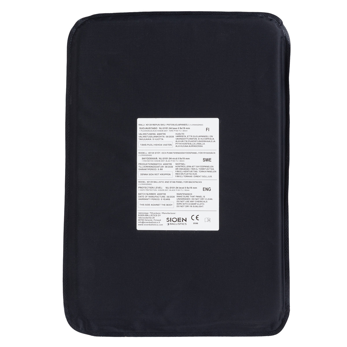 Sioen Ballistics Protective Panel For Backpack/Bag, NIJ II