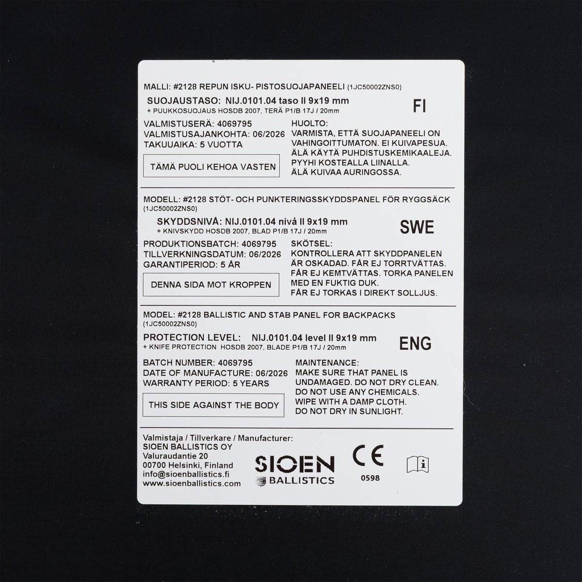 Sioen Ballistics Protective Panel For Backpack/Bag, NIJ II