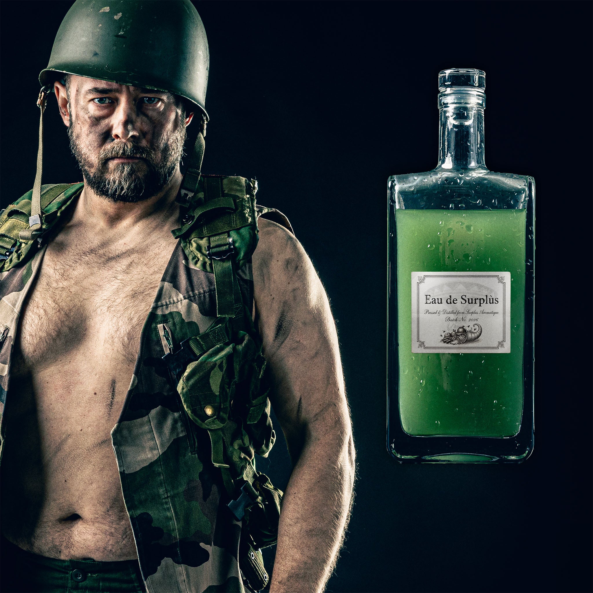 A man in an old military-style vest and helmet that is slightly scewed and a bottle with green liquid in it on a dark background. The man has some dark marks on his face and arms, and the bottle is labelled Eau de Surplús.
