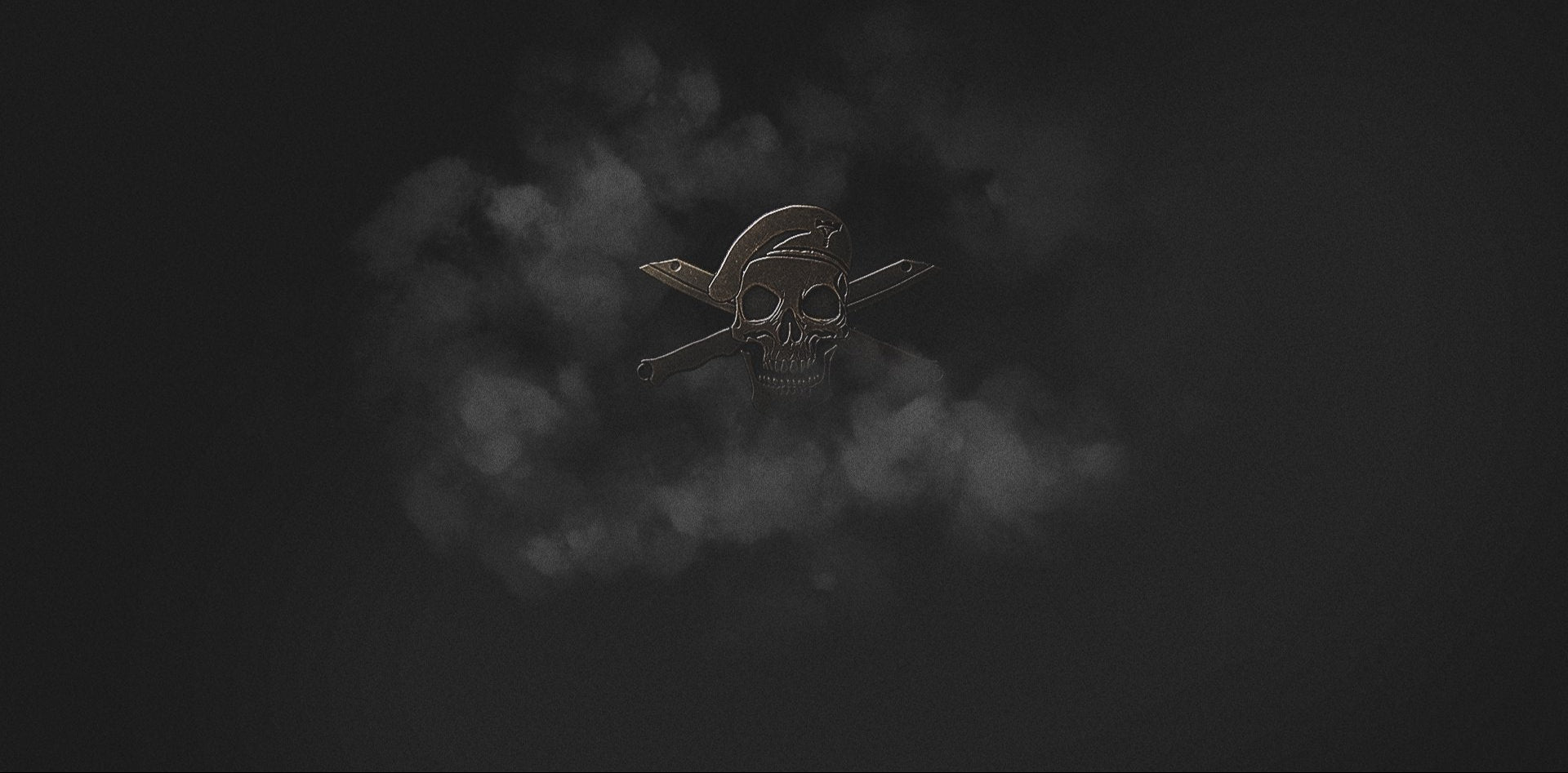 Skull and crossbones logo with smoke effect on a dark background