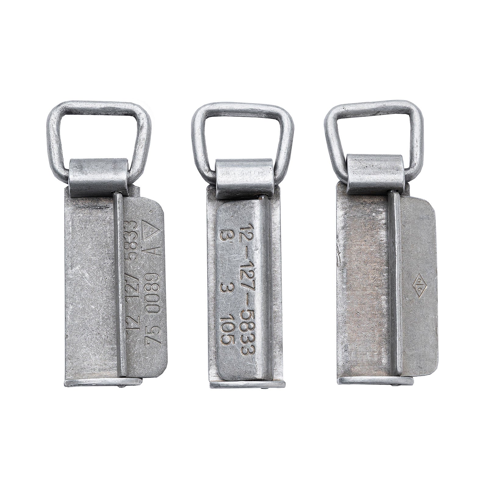 Three aluminum Bundeswehr belt clips next to each other