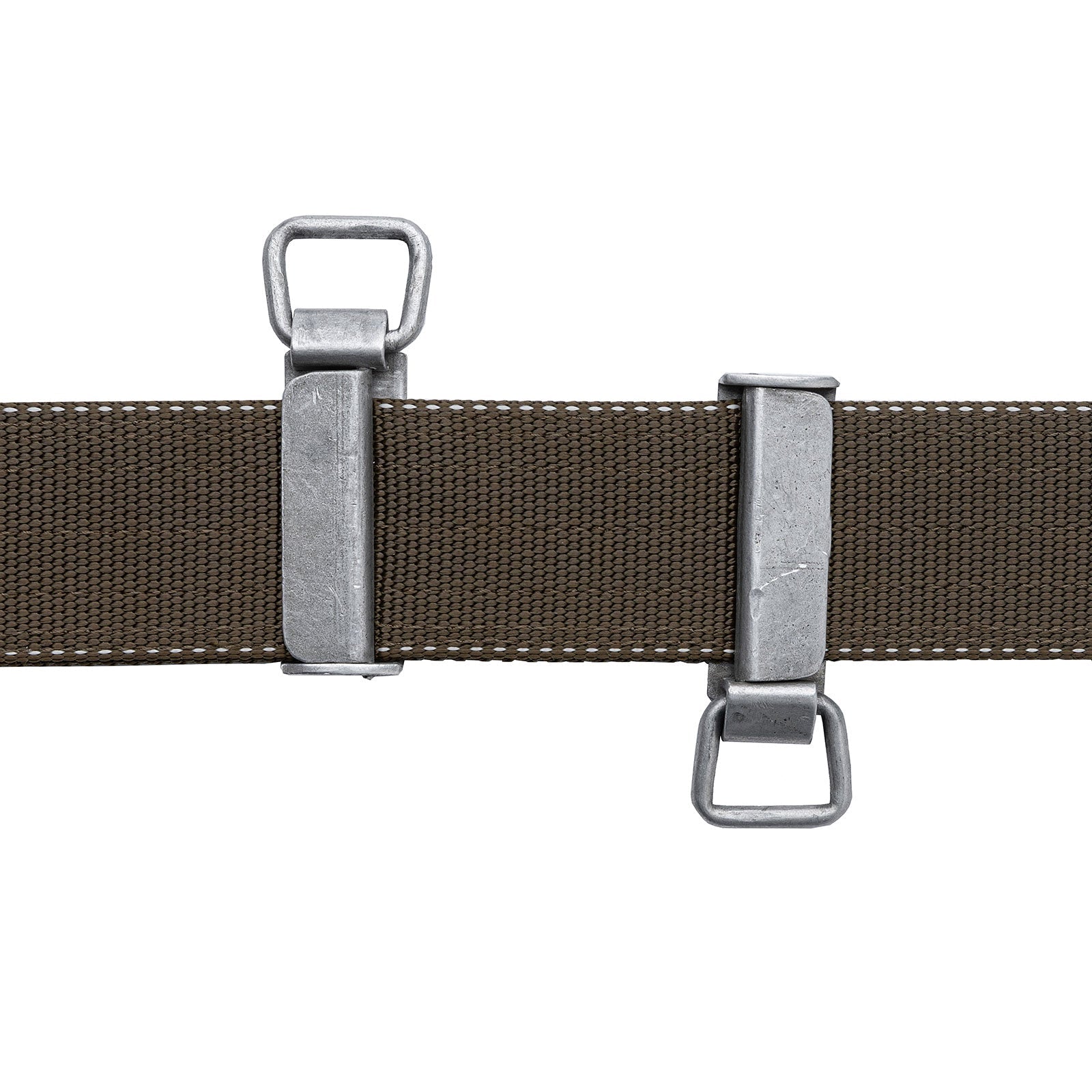 Two aluminum Bundeswehr belt clips clipped on a black belt one pointing up and the other pointing down.