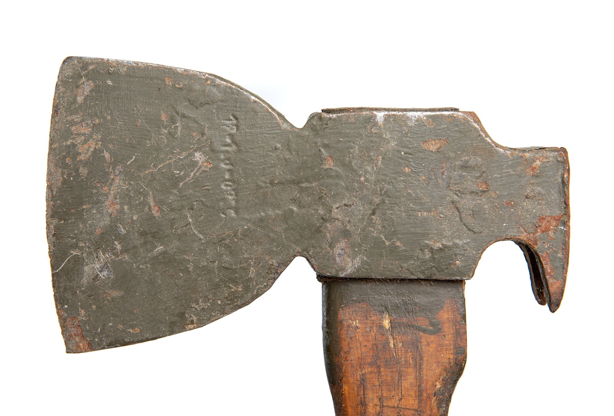 Closeup of the West German engineers' claw hatchet head from the left side.