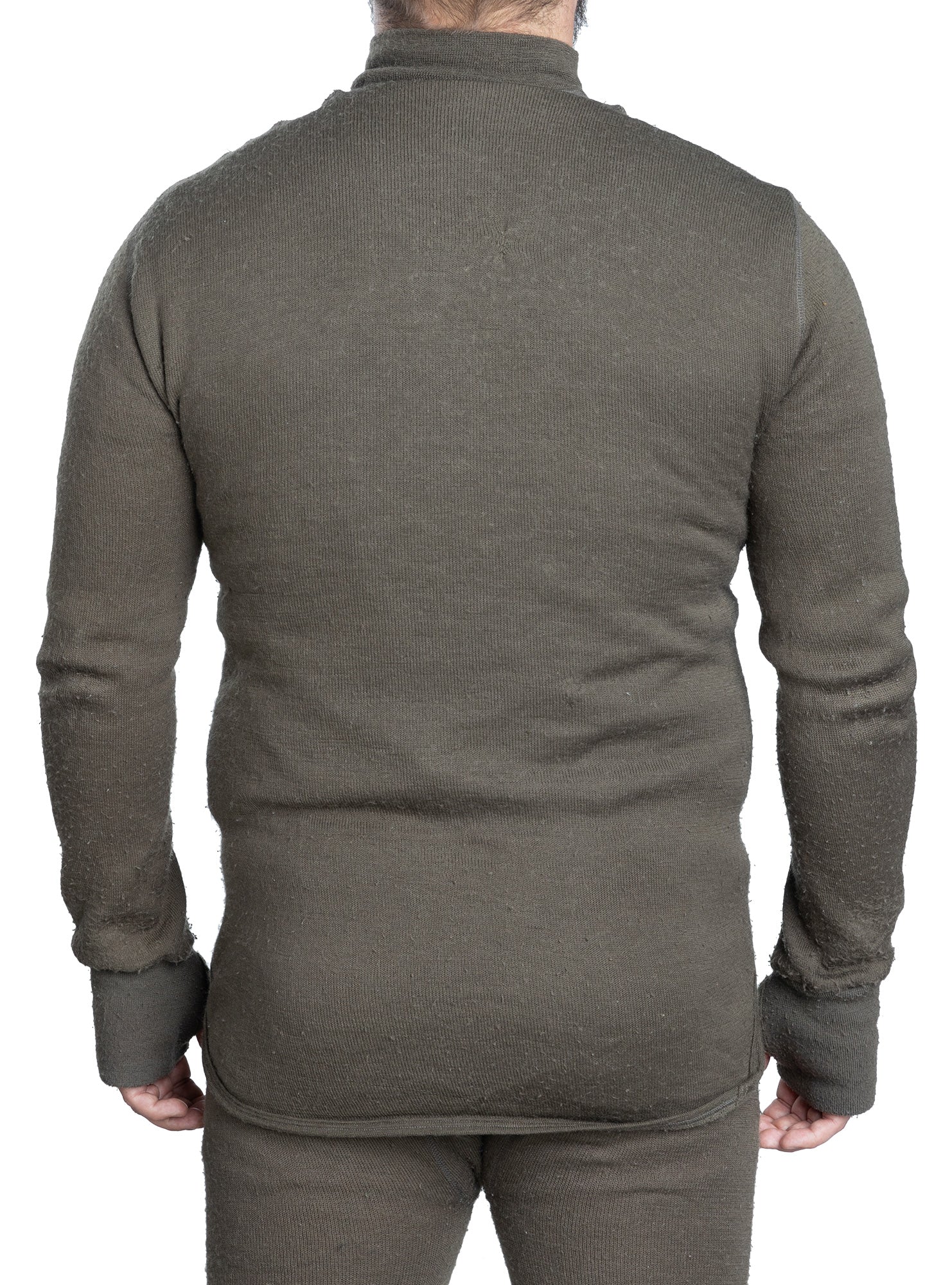 Merino turtleneck shirt on a person, rear view.