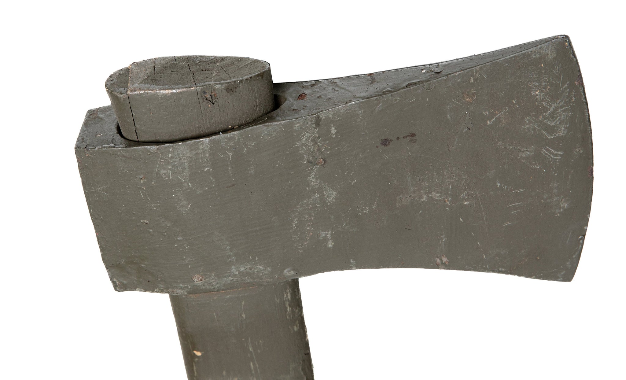 A close up of the green Dutch military axe head from the right side.
