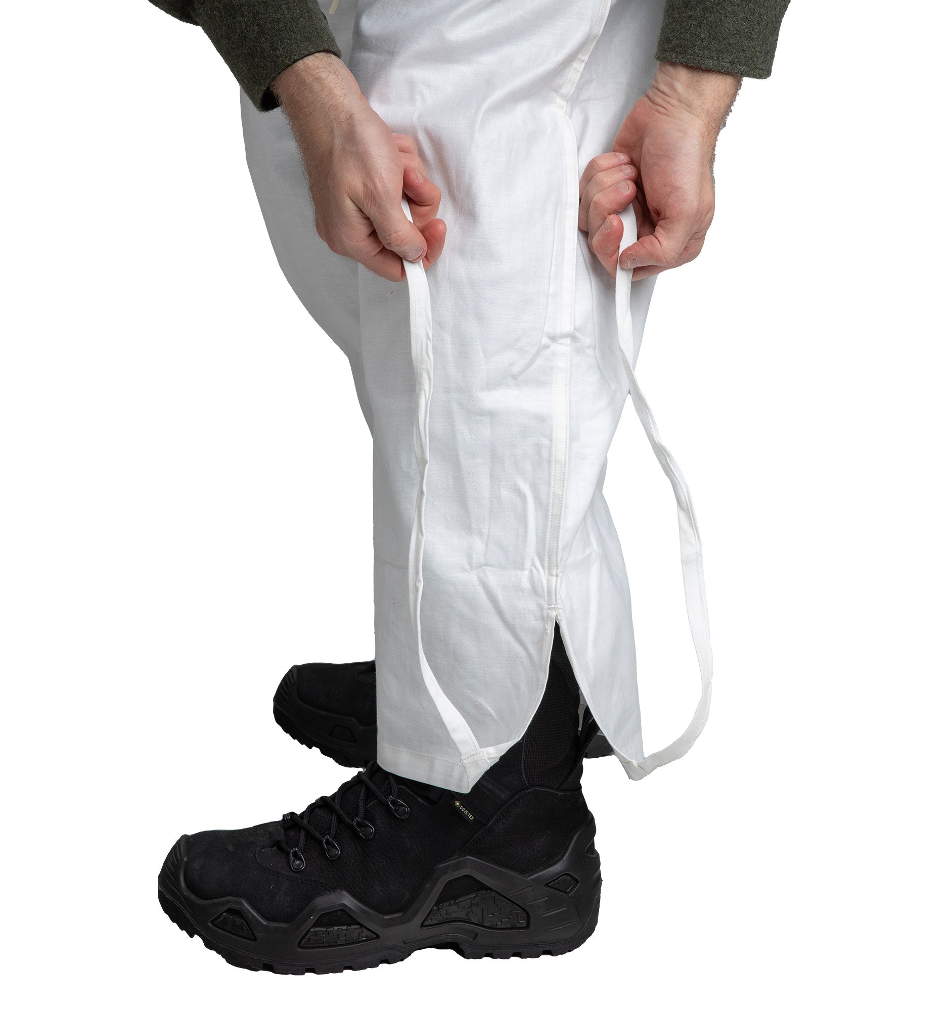 Snow trousers' pant leg draw cords presented.
