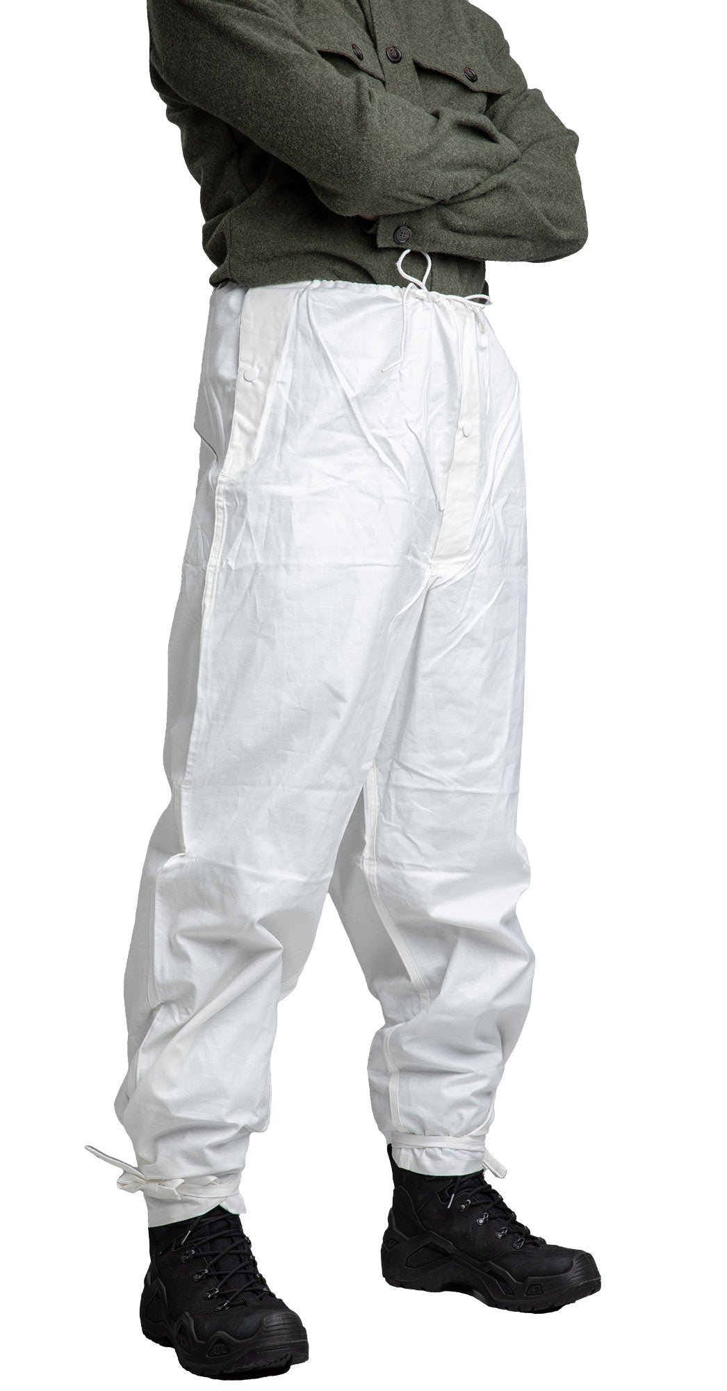 Snow trousers, diagonal front view.