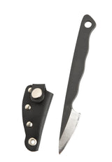 The knife comes with a black leather sheath;
