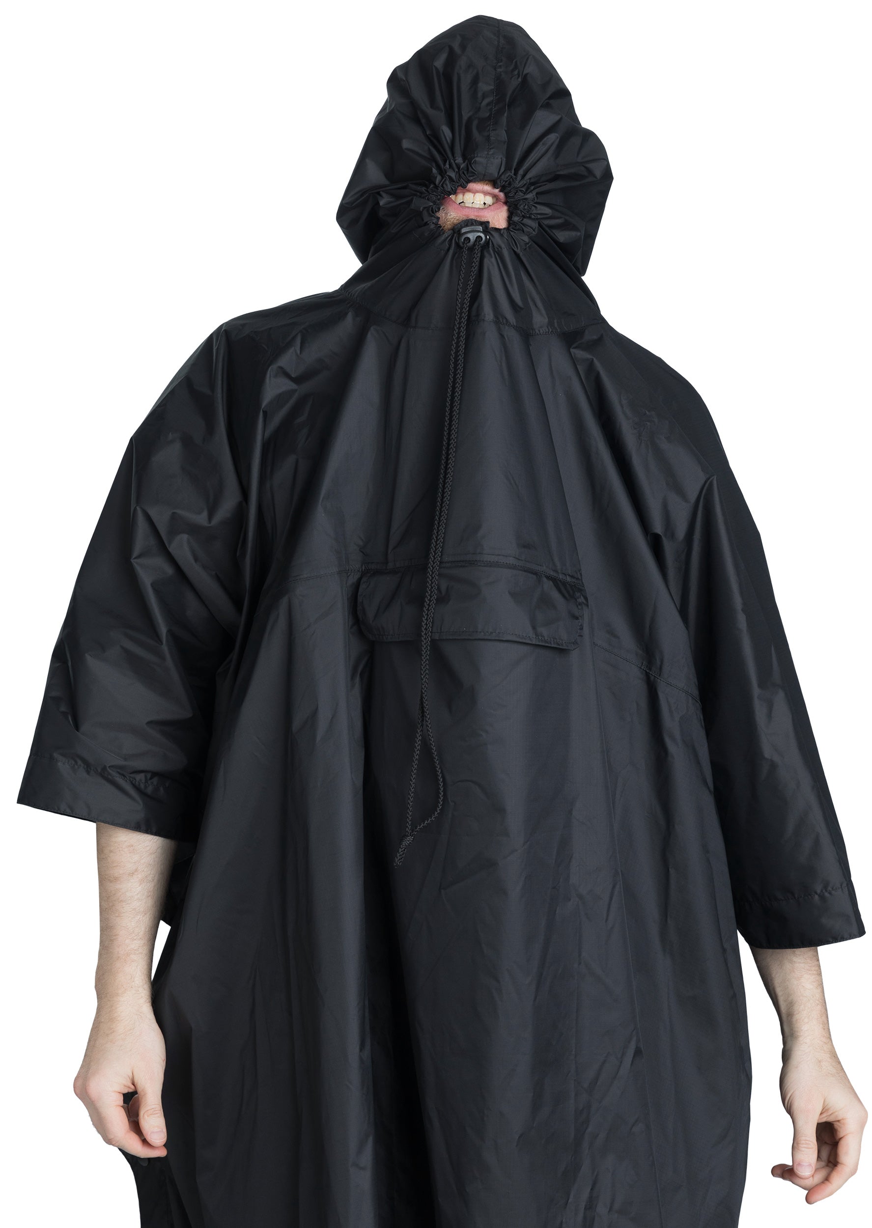 The hood can be adjusted to a very small opening. When wearing a helmet; the aperture is at eye level.