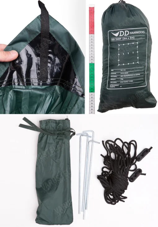 Included is the tarp, four pegs, four guy ropes, pouch for the whole set and another smaller pouch for the pegs.