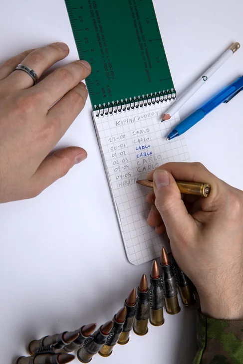 You can write with a pencil, pen or even the tip of a bullet.