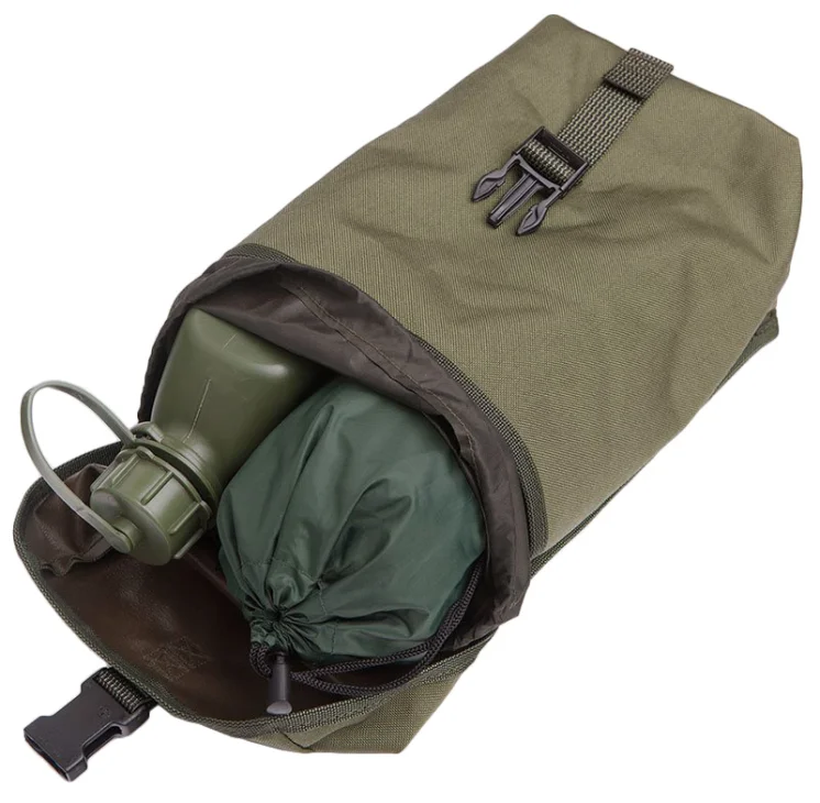 The pouch fits a one litre water bottle and tarp, and a wholle lotta other stuff.