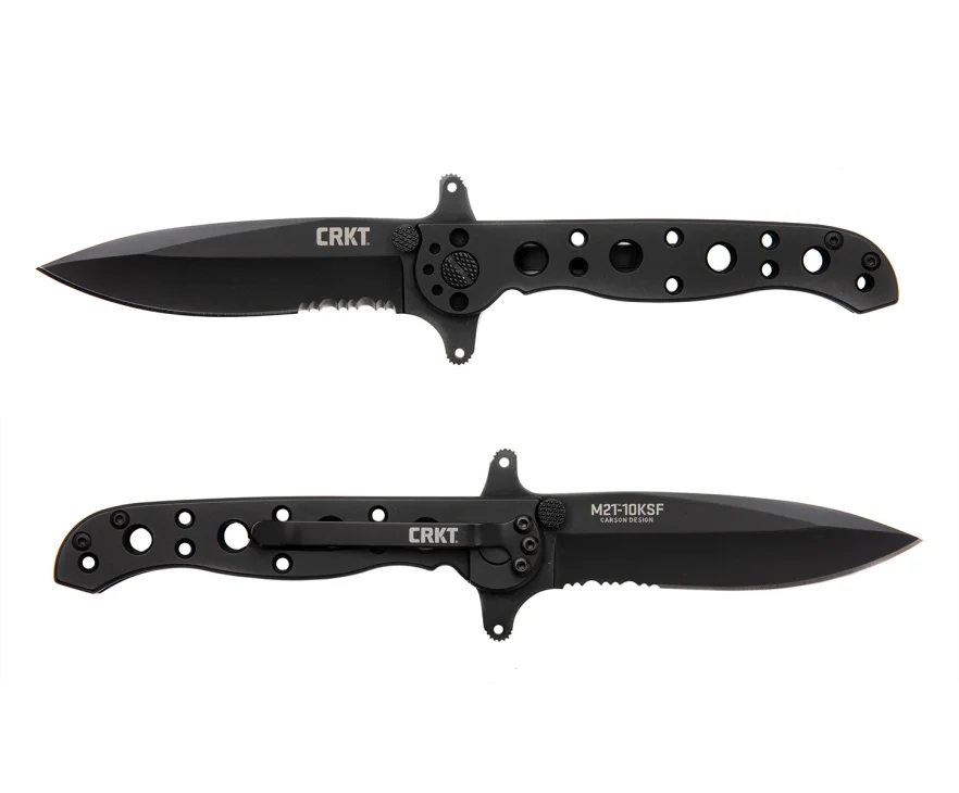 This knife has the same grip design as the M16, featuring distinctive hole cutaways that reduce the weight. However, it is made of oxidized and corrosion-resistant stainless steel.