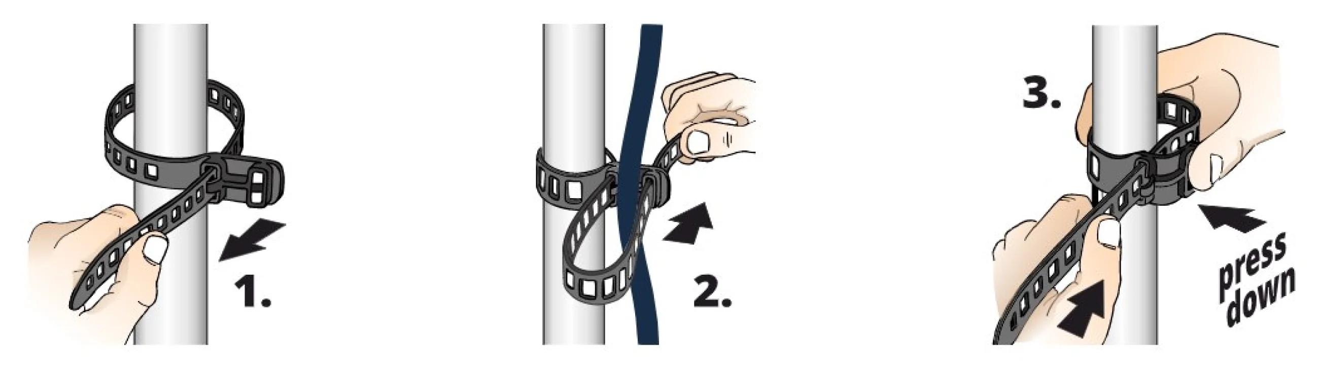 1: Vedä ensimmäisestä kolosta tiukaksi.
2: Sulje toinen lenkki.
3: Irrota taivuttamalla lukko auki.