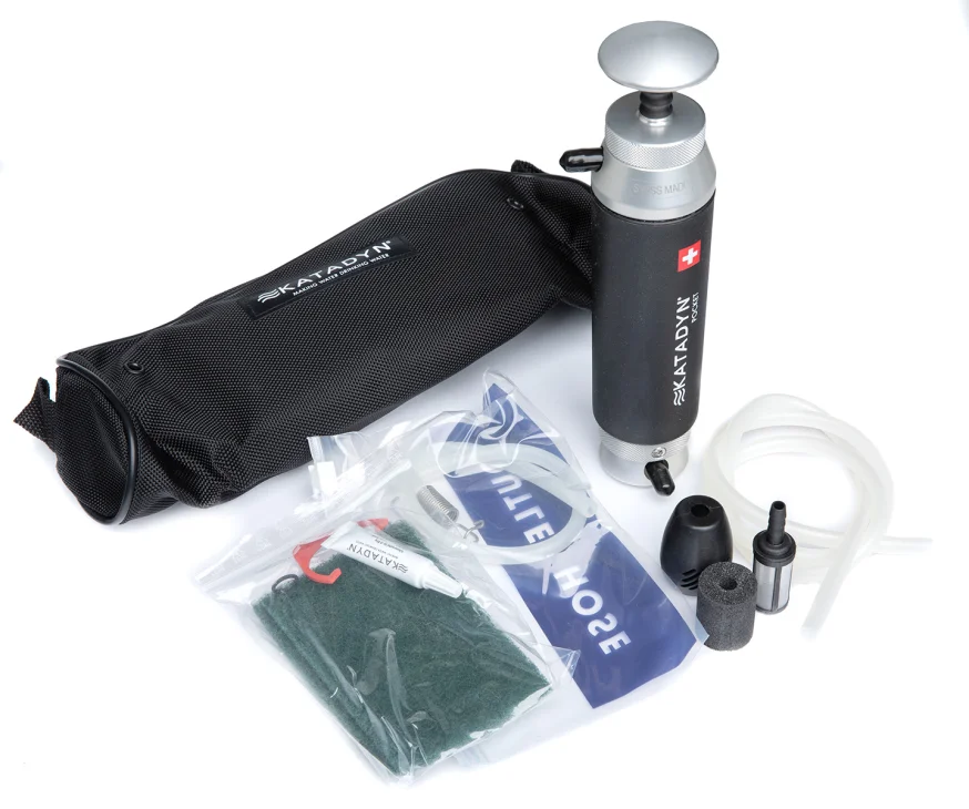 The filter comes with hoses, a carry bag, measuring gauge, cleaning pad, and a silicone lubricant.