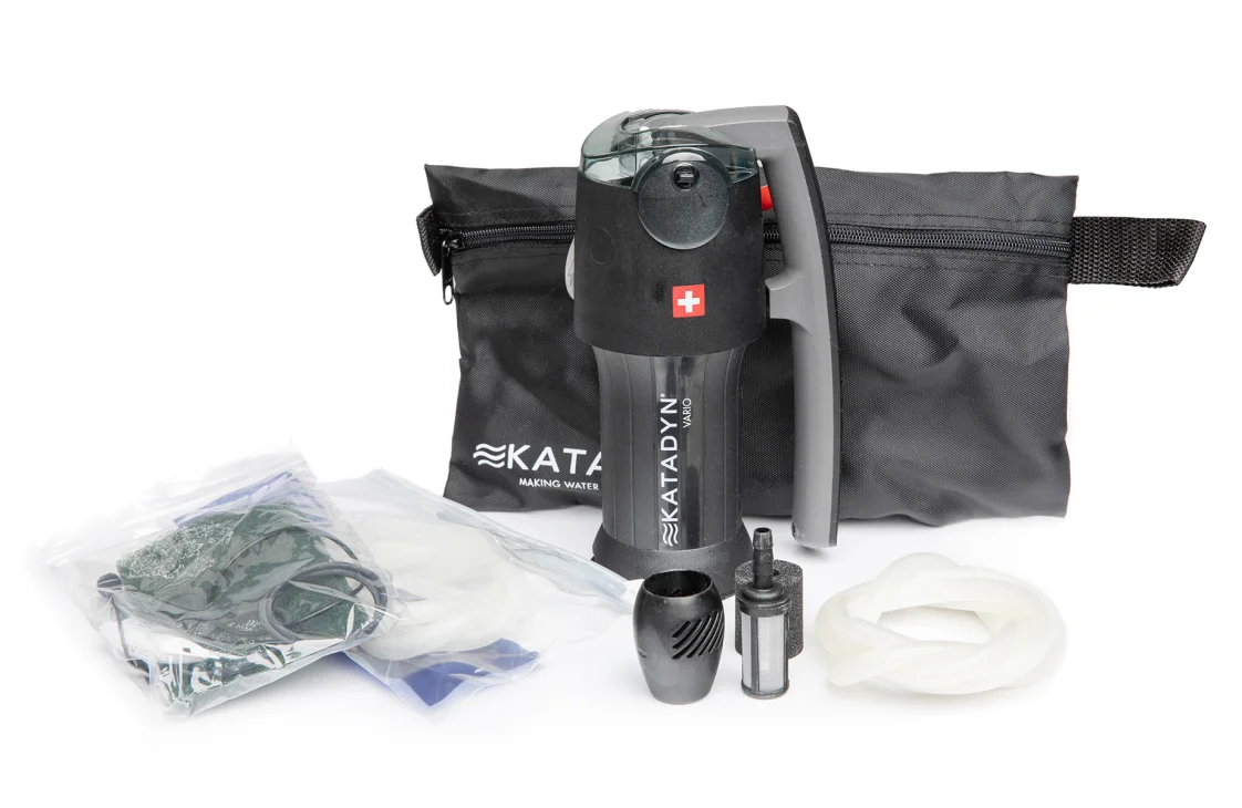 The package includes the prefilter with the replaceable carbon core and ceramic disc, water hoses, a carry bag, a cleaning pad., and a silicone lubricant