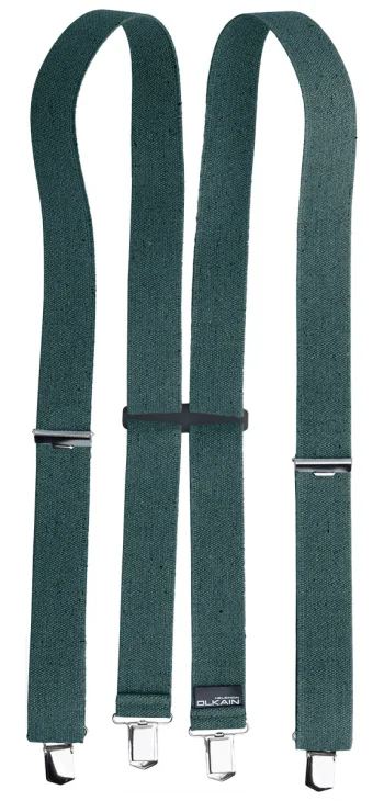 The green suspenders are matte petrol green.