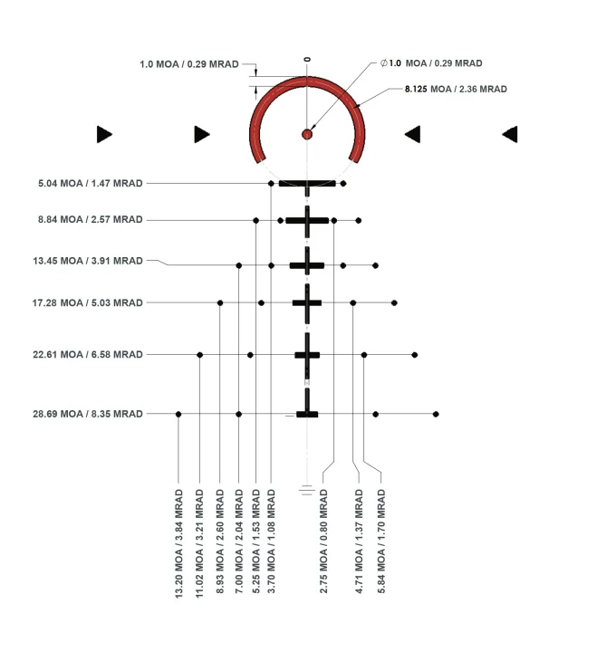 MSR BDC8 reticle details. Values listed are in MOA / MRAD at maximum magnification 8x.