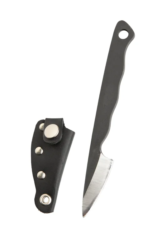 The knife comes with a black leather sheath,