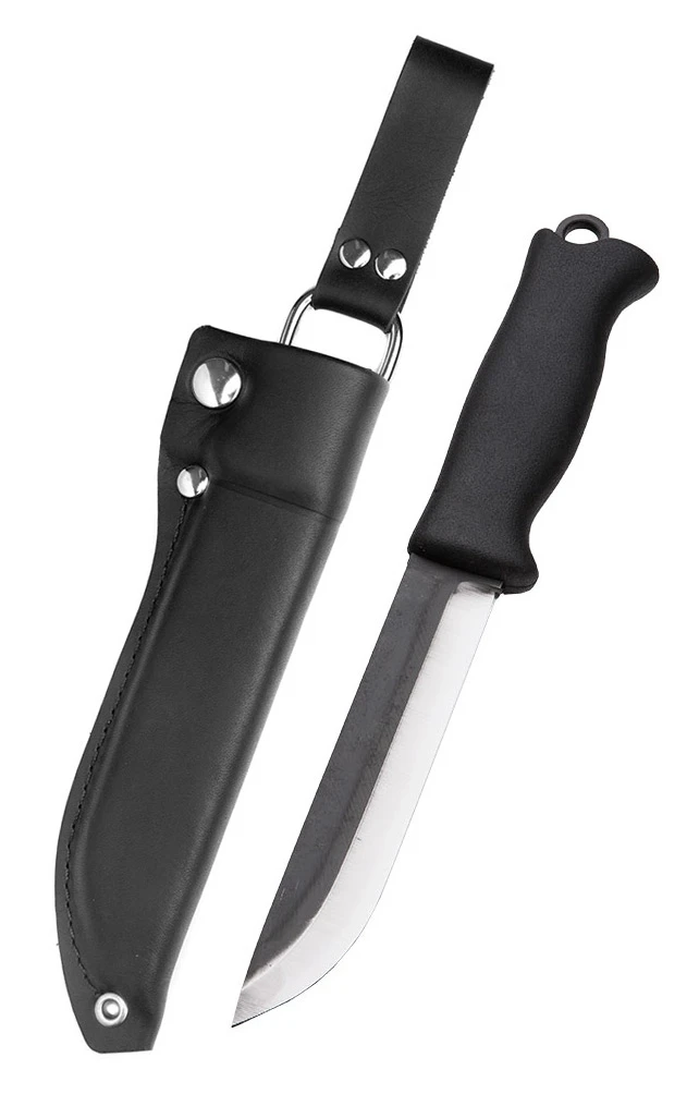 Varusteleka Jääkäripuukko 140, Carbon, w. Leather Sheath, Right, Black