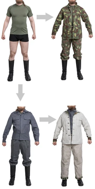 What possibilities! The combination of the reversible M62 camo uniform and wool uniform is the clothing equivalent of Vivaldi's Four Seasons!