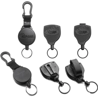 From left to right: carabiner, belt clip, fixed belt loop.