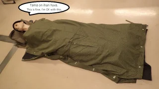 By buttoning the sides together you will get a socialist sleeping bag, as our male model Heinz demonstrates here. Remember to add a blanket too.