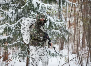 Winter woodland top, snow camo pants, a very effective combination in the snowy forest terrain.